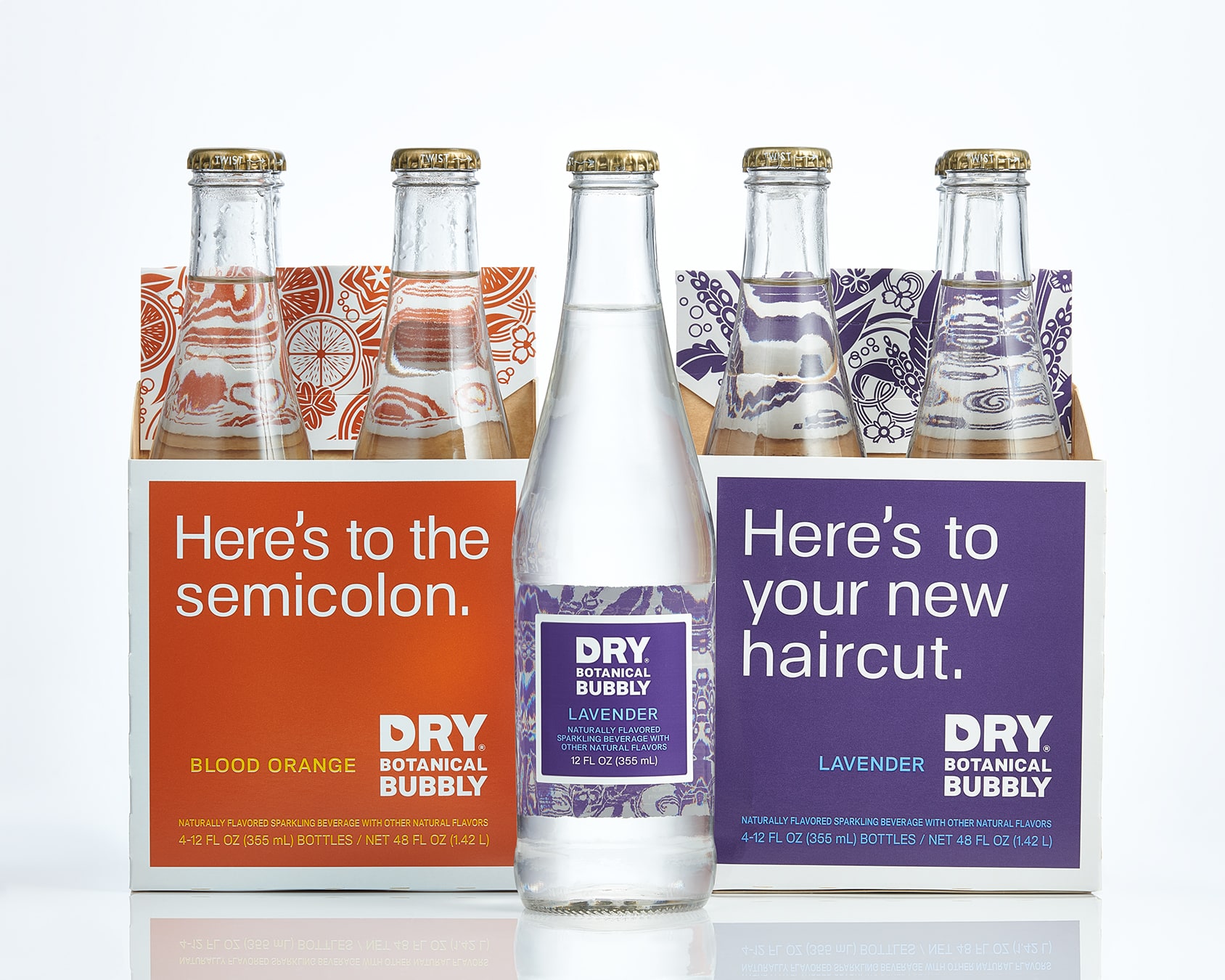 Dry Botanical Bubbly package design Blood Orange and Lavender flavors