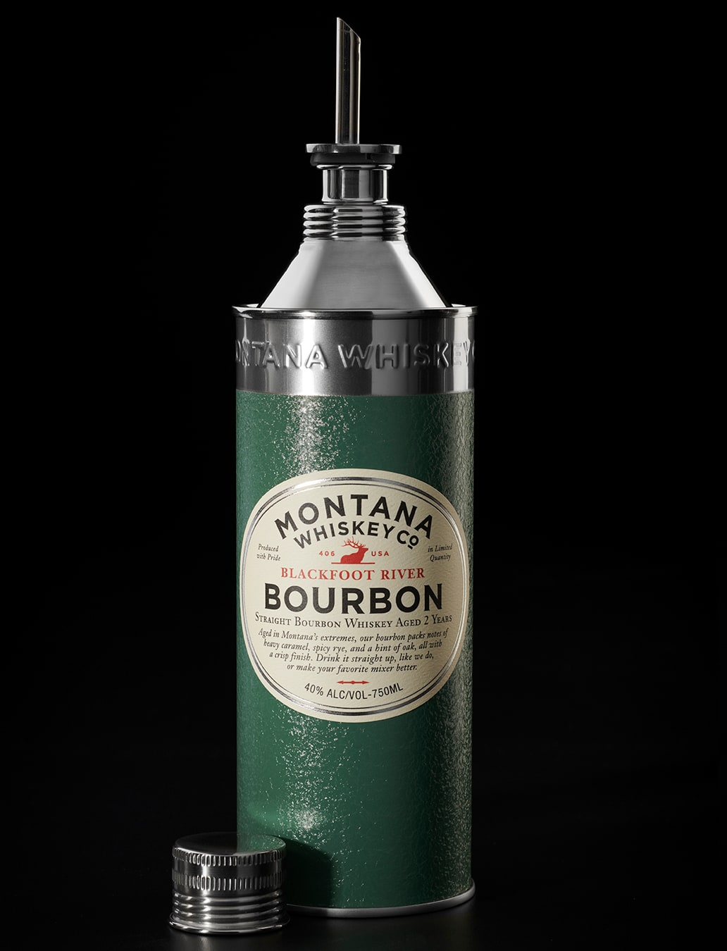Montana Whiskey Co. Bourbon metal bottle open with pourer