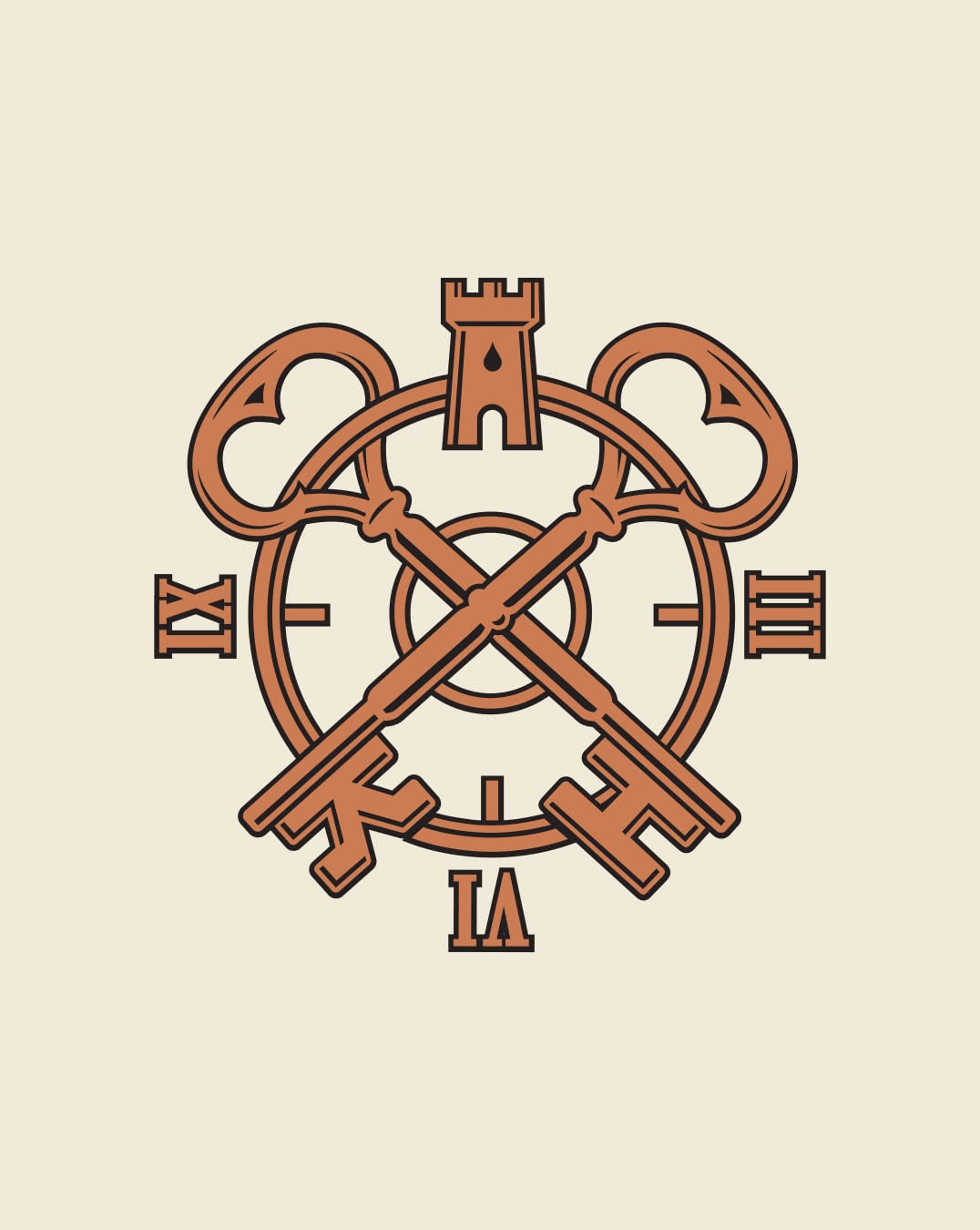 clock and keys logo design color