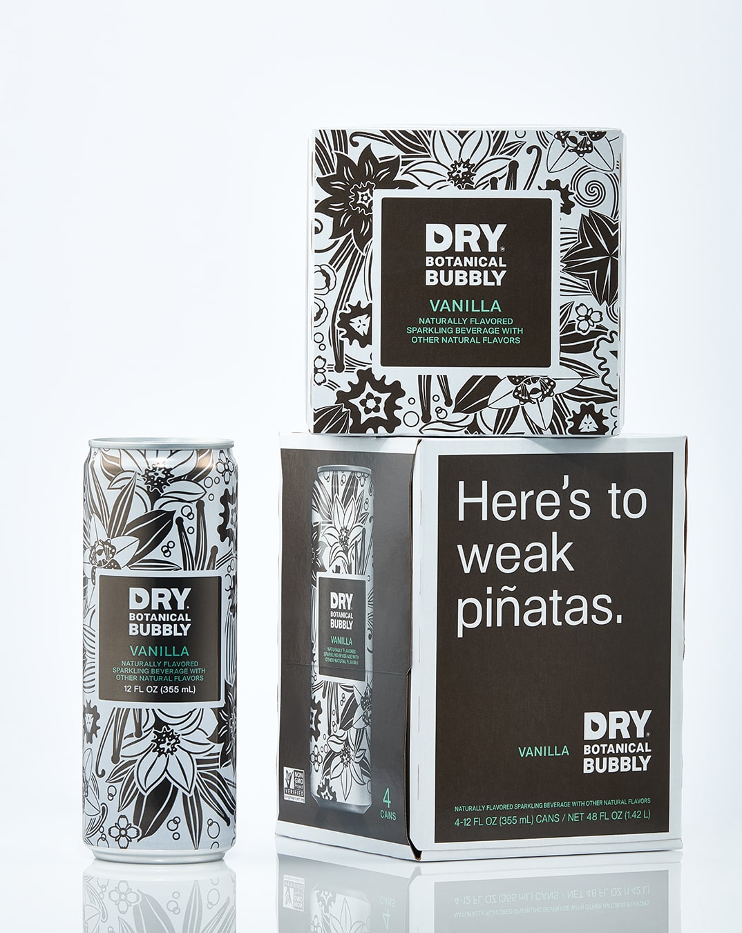 Dry Botanical Bubbly soda can and packaging design vanilla flavor