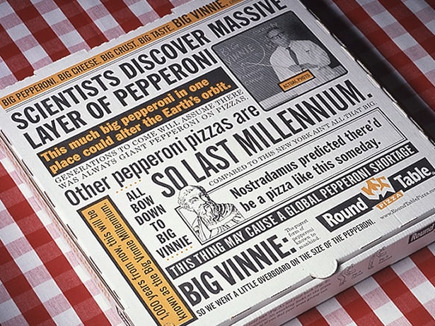 Round Table Pizza Big Vinnie box food package design