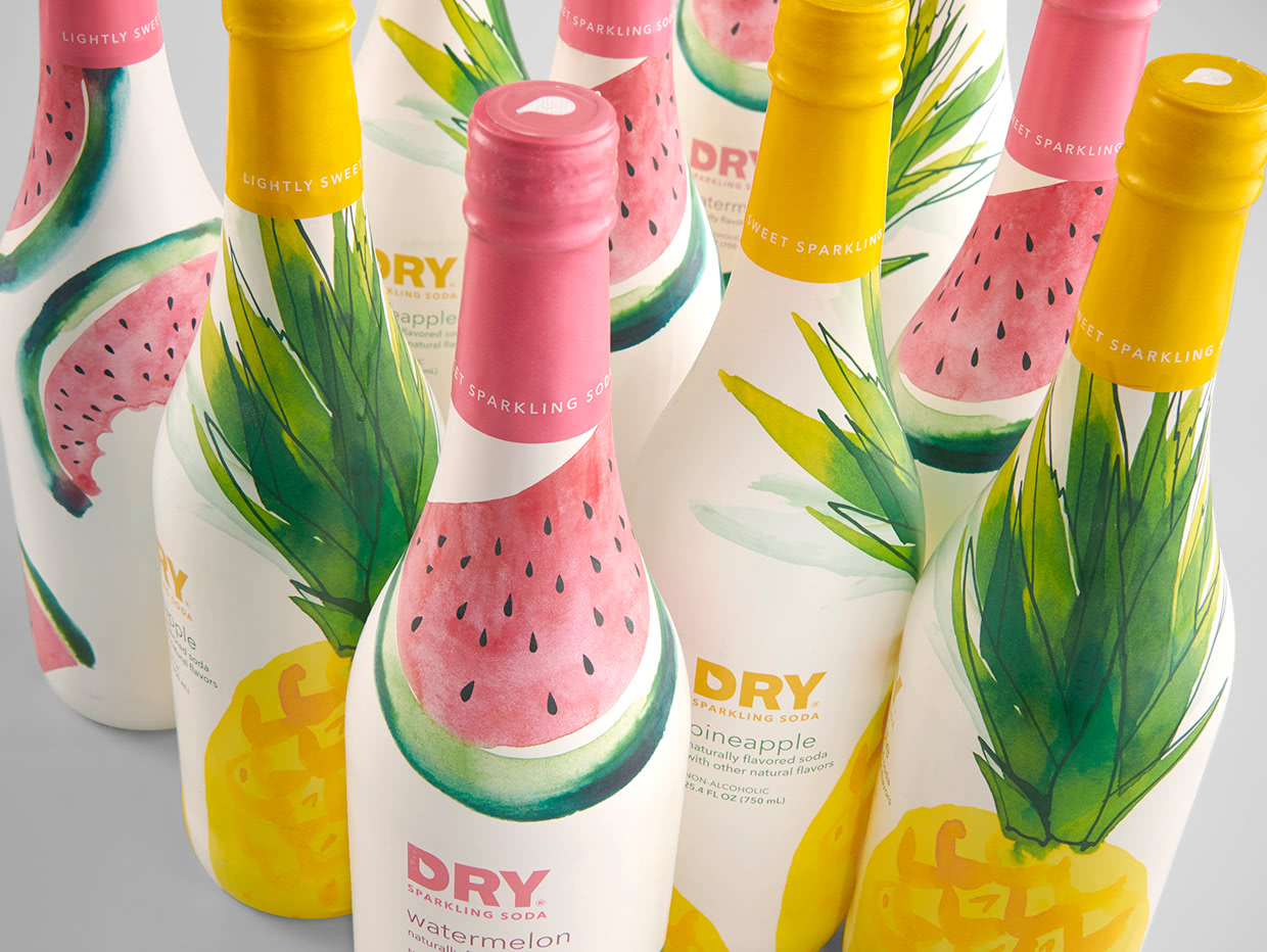 grouping of large limited edition DRY Soda Seasonal bottles