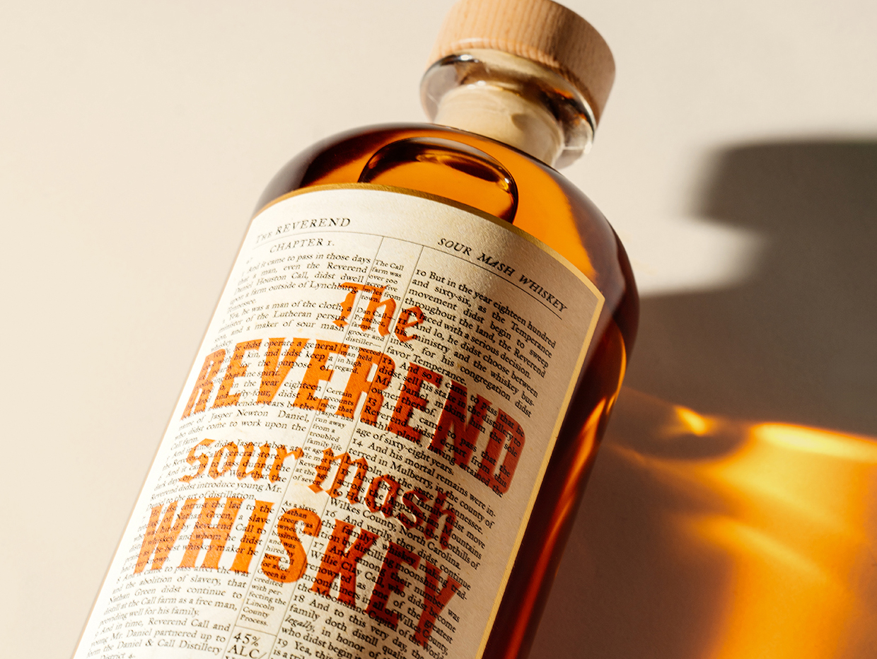 The Reverend Sour Mash Whiskey bottle label and brand design