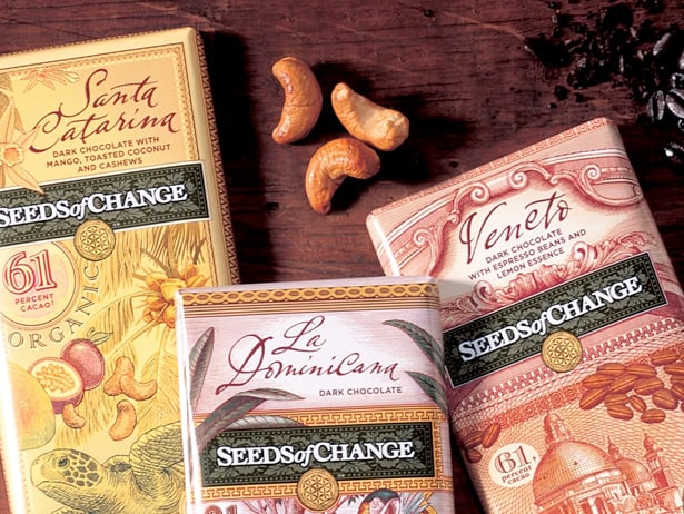 closeup of Seeds of Change organic chocolate bar packaging designs