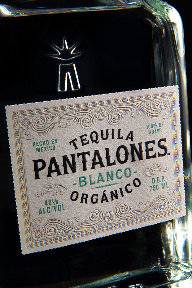 Pantalones Tequila Blanco custom bottle design label detail